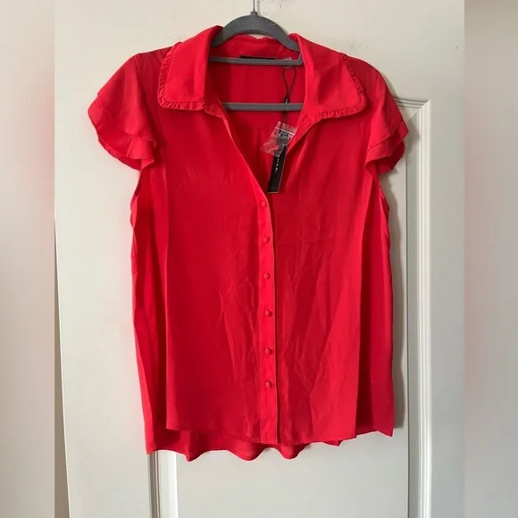 T Tahari Women's Reddish Orange Button-Down Blouse Flutter Sleeves Size Small - Picture 9 of 15